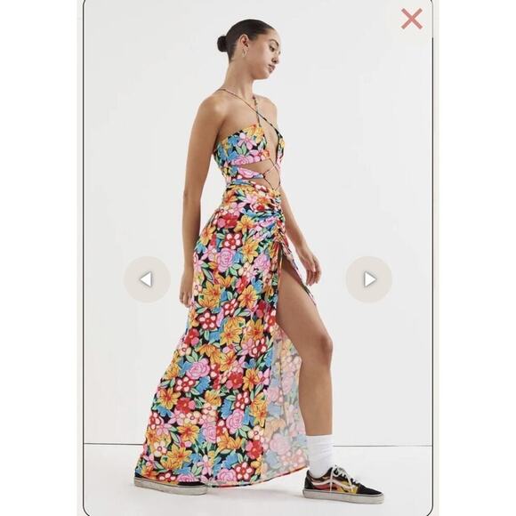 For Love And Lemons Satin Mallory Maxi Dress Cut-Out Multicolor Size Small - Picture 3 of 16